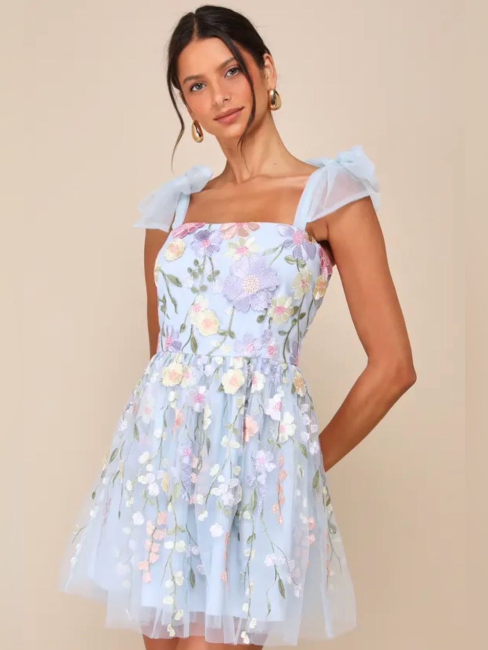 Lulus Classic Romance Blue 3D Floral Applique Tie-Strap Mini Dress